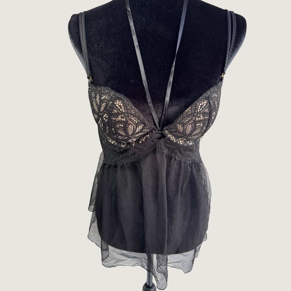 Victoria's Secret Black Lace Babydoll Lingerie Gold Tassel Halter 34B